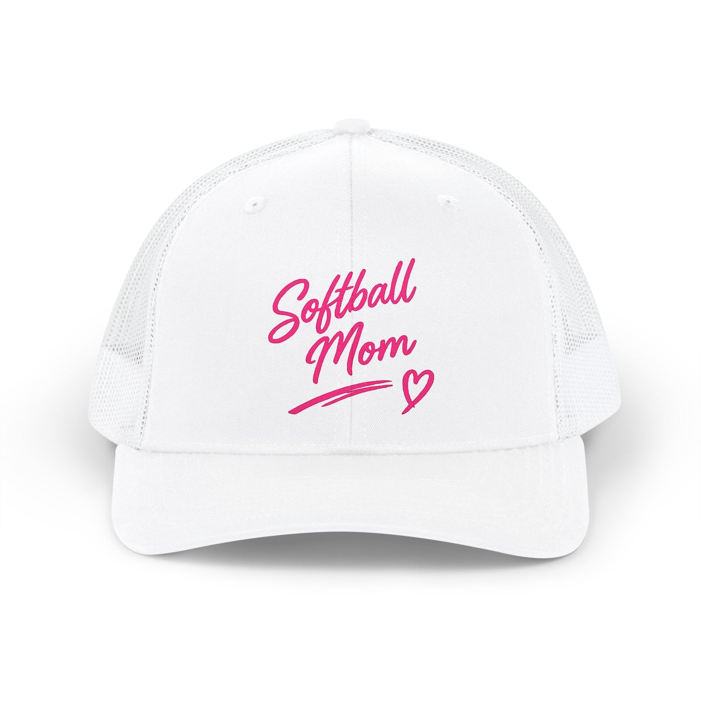 Softball Mom Snapback Trucker Cap — Pink Script Heart