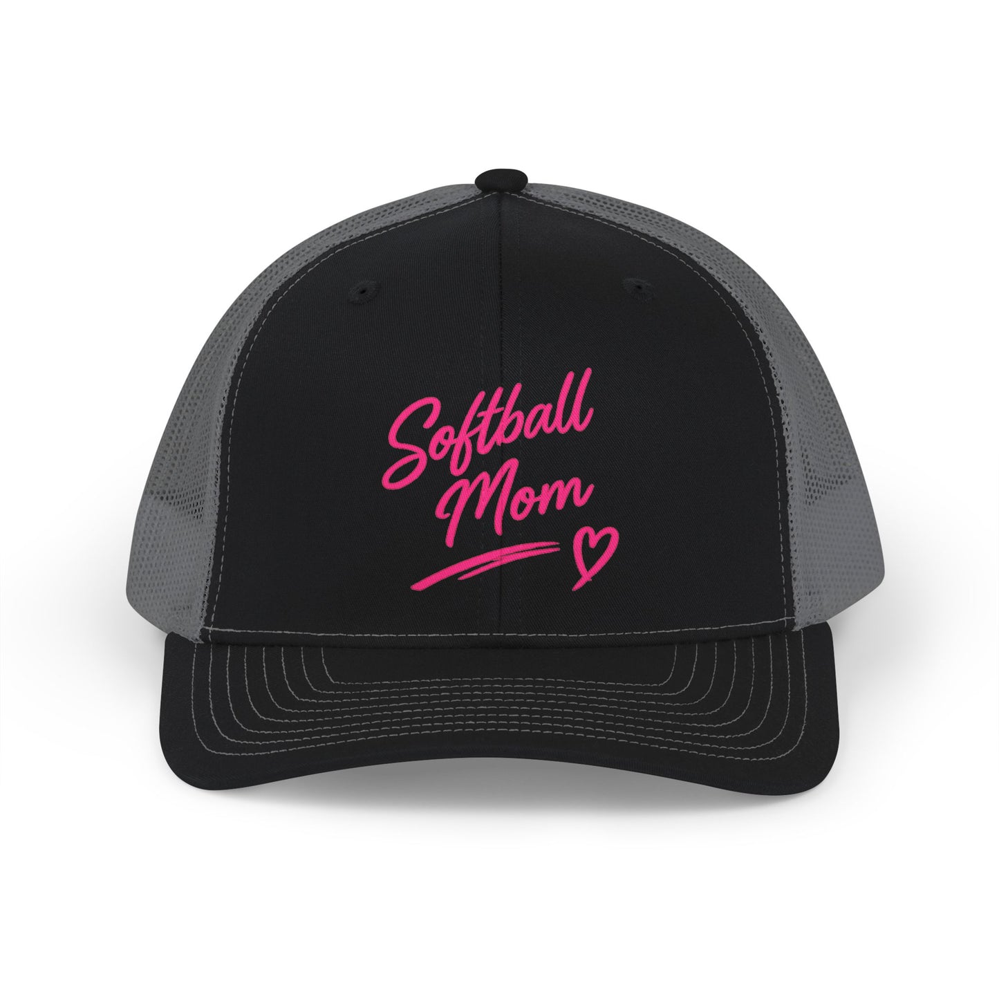 Softball Mom Snapback Trucker Cap — Pink Script Heart