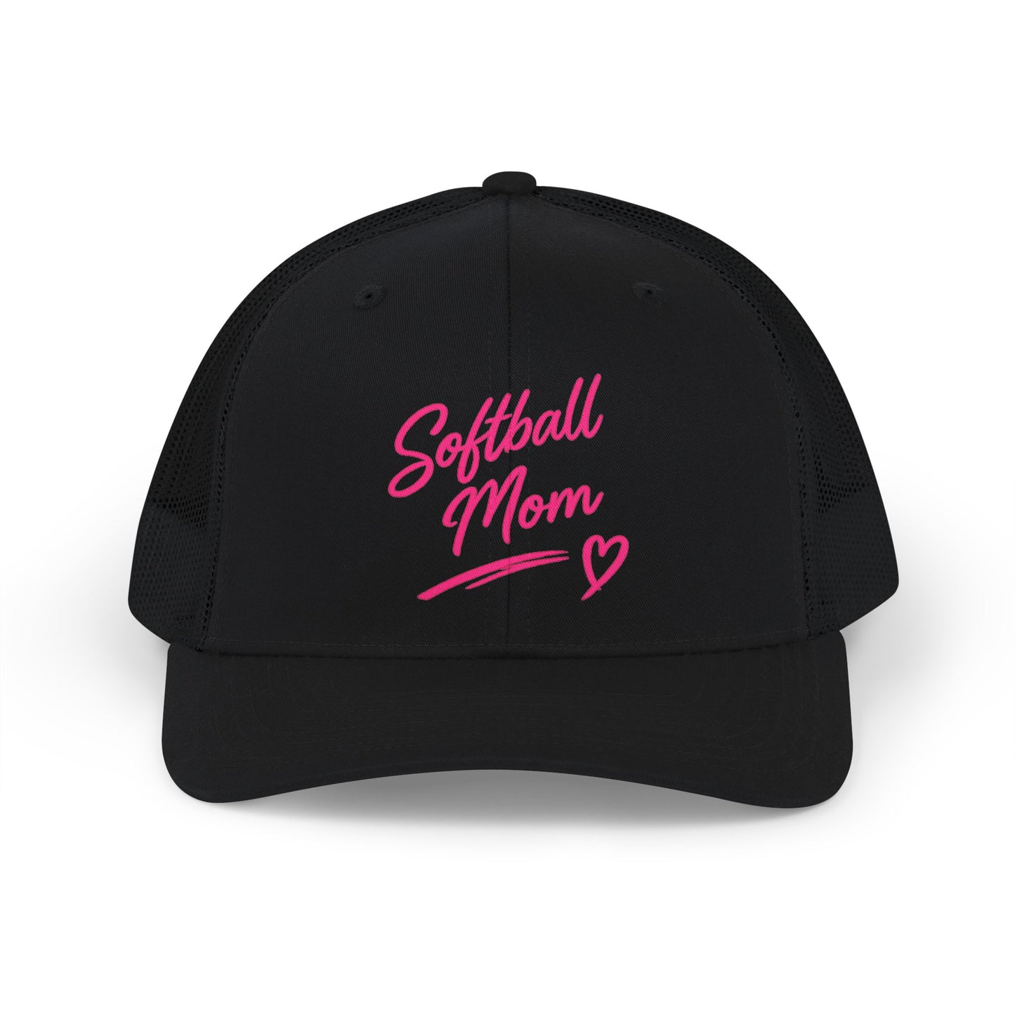 Softball Mom Snapback Trucker Cap — Pink Script Heart